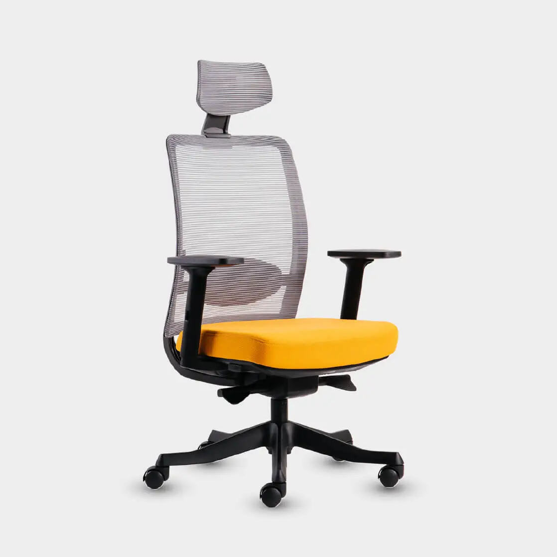 Merryfair Anggun task chair with a grey striped mesh back, headrest and yellow seat