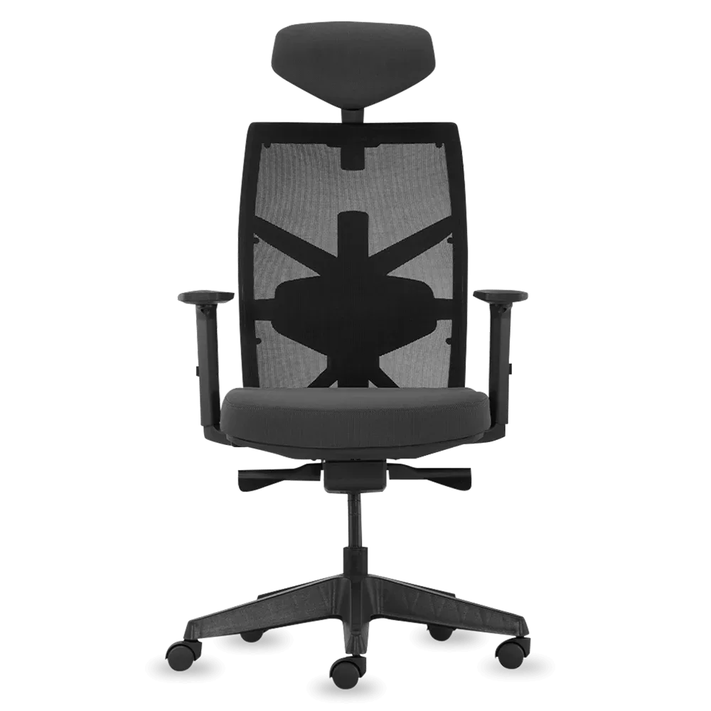 Merryfair Tune task chair in black, mesh back with headrest, front view