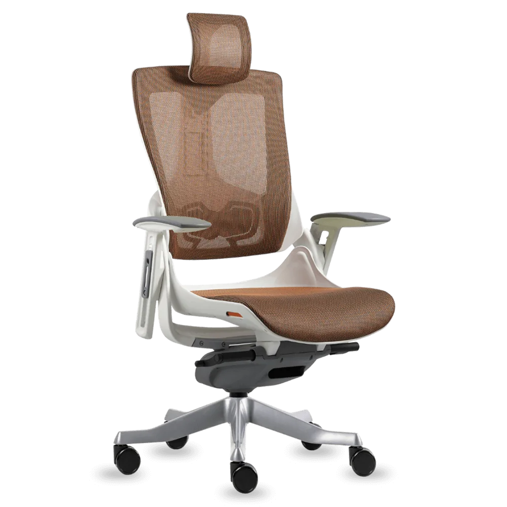 Wau 2 ergonomic chair in tan mesh with a white frame and headrest, three-quarter view