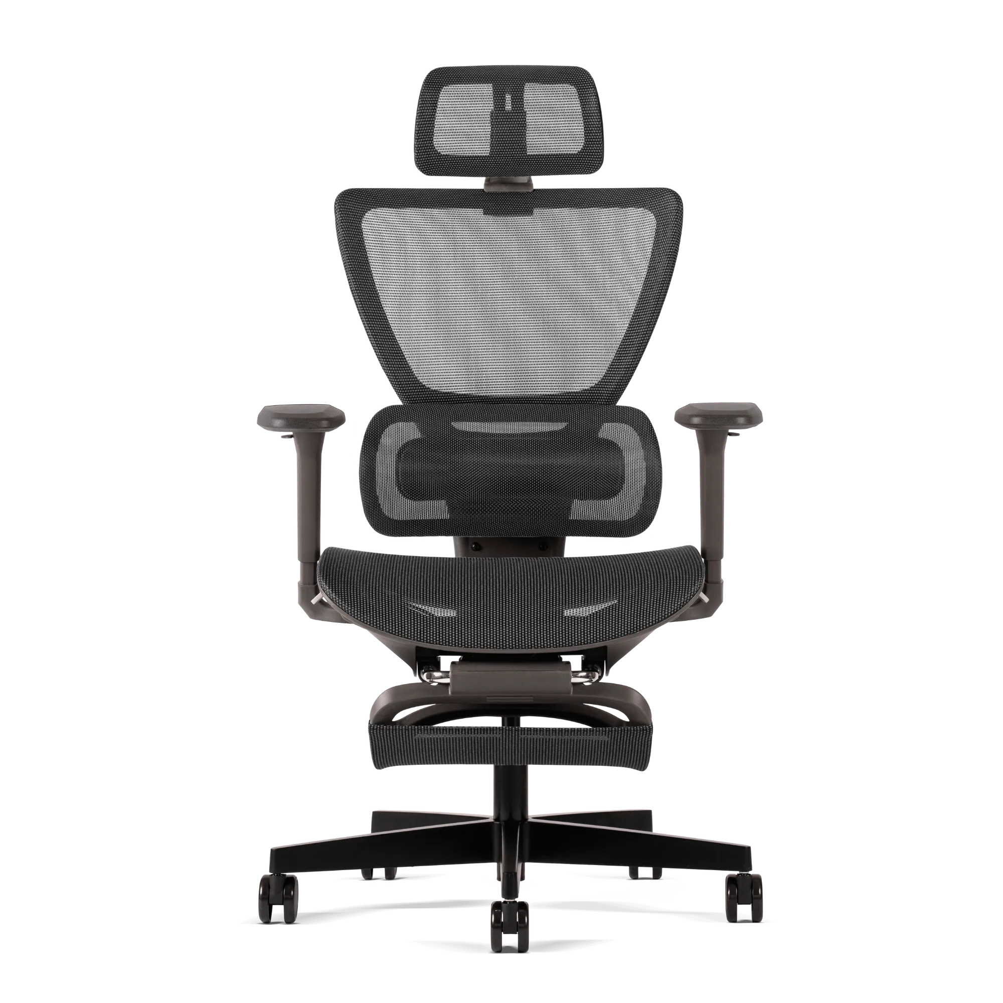 Merryfair Zenit in black mesh, with headrest and pull-out footrest, front view
